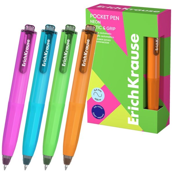 Automatinis tušinukas sutrumpintu korpusu POCKET PEN NEON, ErichKrause, 0.5mm, mėlynos sp.